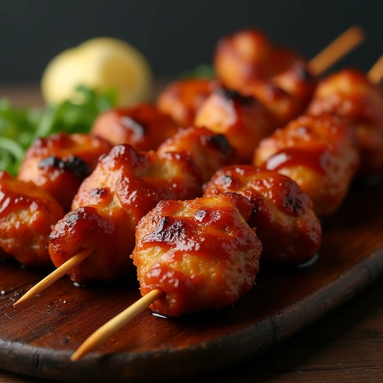 Chicken skewers with barbecue sauce, smoky and delicious. Professional photography, 8K quality, Espetinho de frango com molho barbecue defumado, clássico americano.