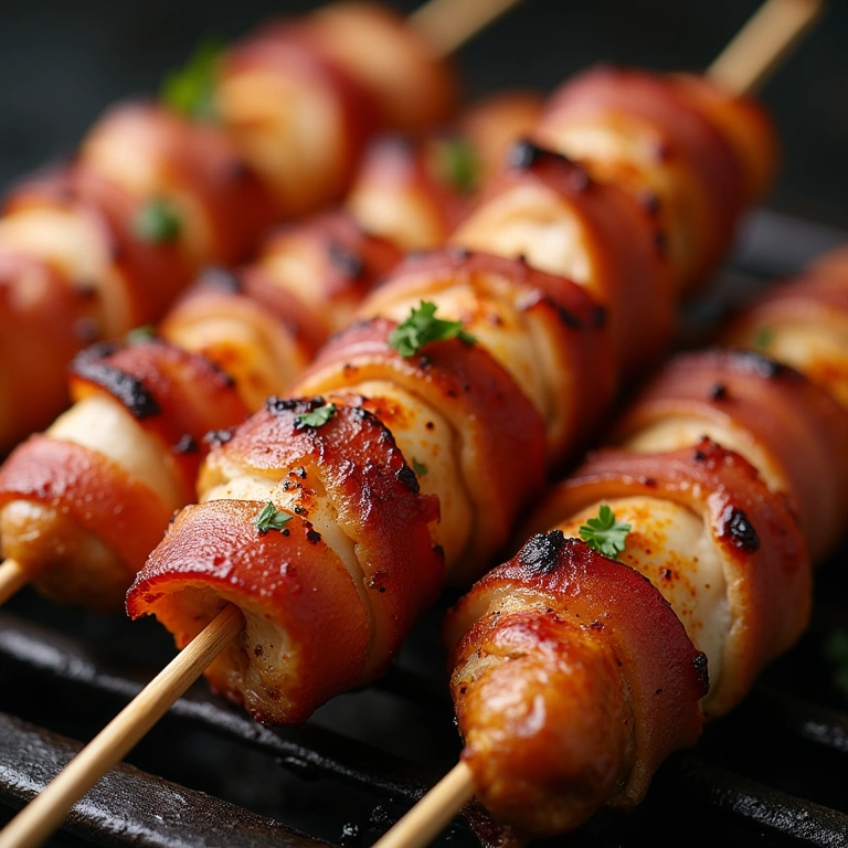 Chicken skewers wrapped in bacon, grilled to perfection. Professional photography, 8K quality, Espetinho de frango com bacon crocante, combinação irresistível.