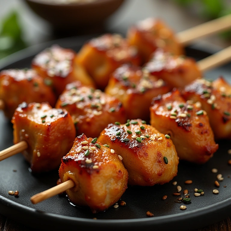 Chicken teriyaki skewers with sesame seeds, glazed and delicious. Professional photography, 8K Espetinho de frango teriyaki com gergelim, agridoce e saboroso.