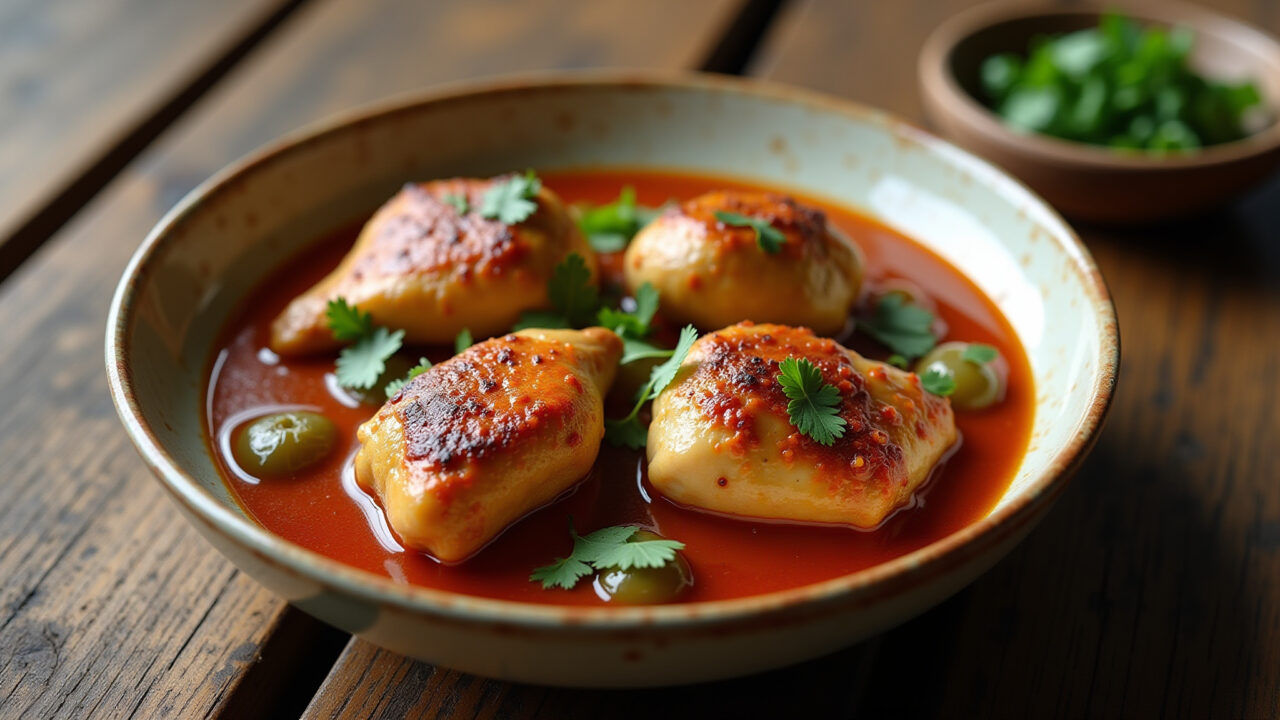 Chicken thighs simmering in rich okra stew, traditional Brazilian spices, rustic wooden table, Coxa e sobrecoxa de frango no Frango com Quiabo.