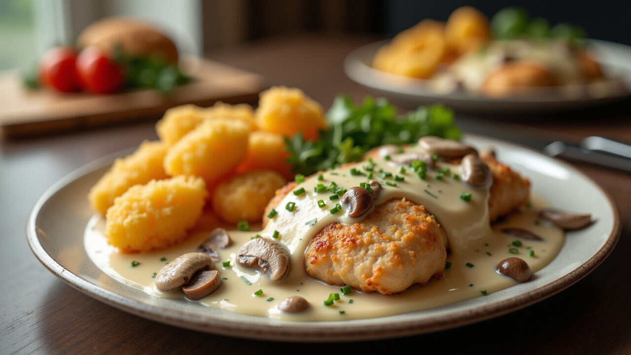 Chicken with cream, mushrooms, potato sticks, professional photography, 8K quality, natural Frango ao creme de leite com champignon e batata palha.