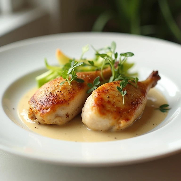 Chicken with hearts of palm and light white sauce on a white plate, sophisticated presentation, Frango com palmito pupunha e molho branco fit, opção sofisticada.