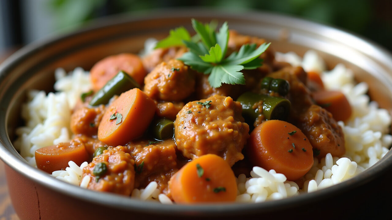 Chicken with okra stew, rustic pot, Brazilian spices, white rice, close-up, natural lighting, 8K Frango com quiabo, clássico mineiro.