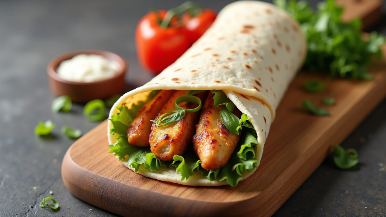 Chicken wrap with fresh vegetables, tortilla, wooden board, top view, professional photography, 8K Wrap de galinha picada com legumes frescos.