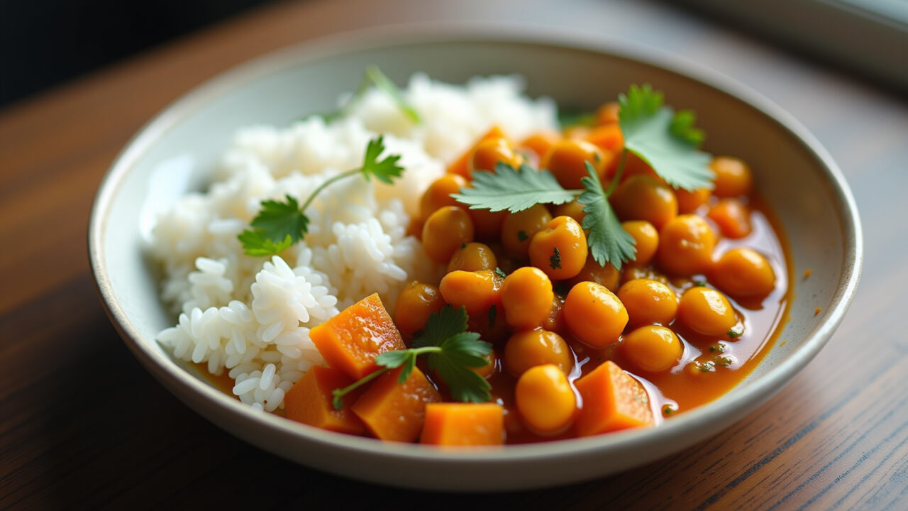 Chickpea and sweet potato curry, basmati rice, coconut milk, natural light, 8K quality, sharp Curry de grão de bico com batata doce.