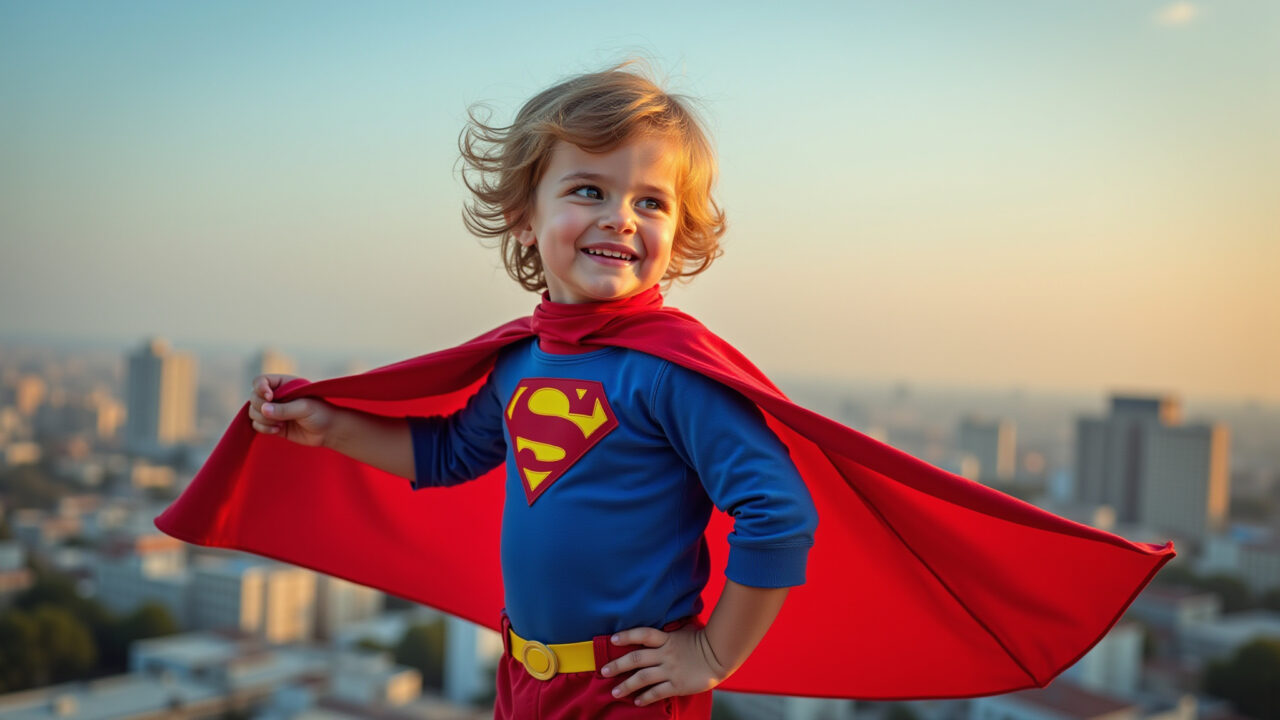 Child superhero costume, cape blowing in wind, city skyline, vibrant colors, 8K, professional Criança vestida de super-herói para o Halloween.