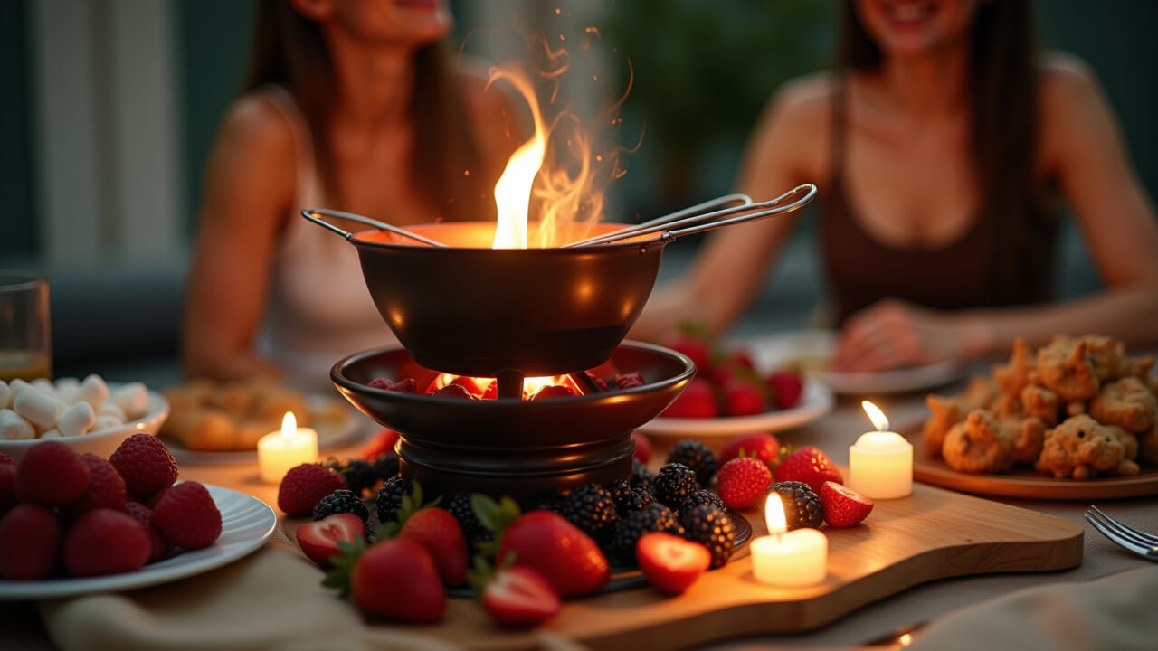 Fondue de chocolate com frutas frescas e marshmallows.