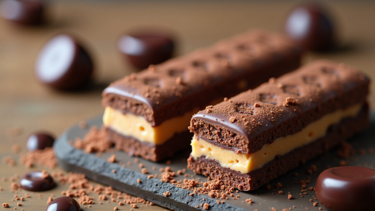 Chocolate pavé, biscuits, creamy layers, professional photography, 8K quality, natural lighting, Pavê de chocolate com biscoito e creme de leite condensado.