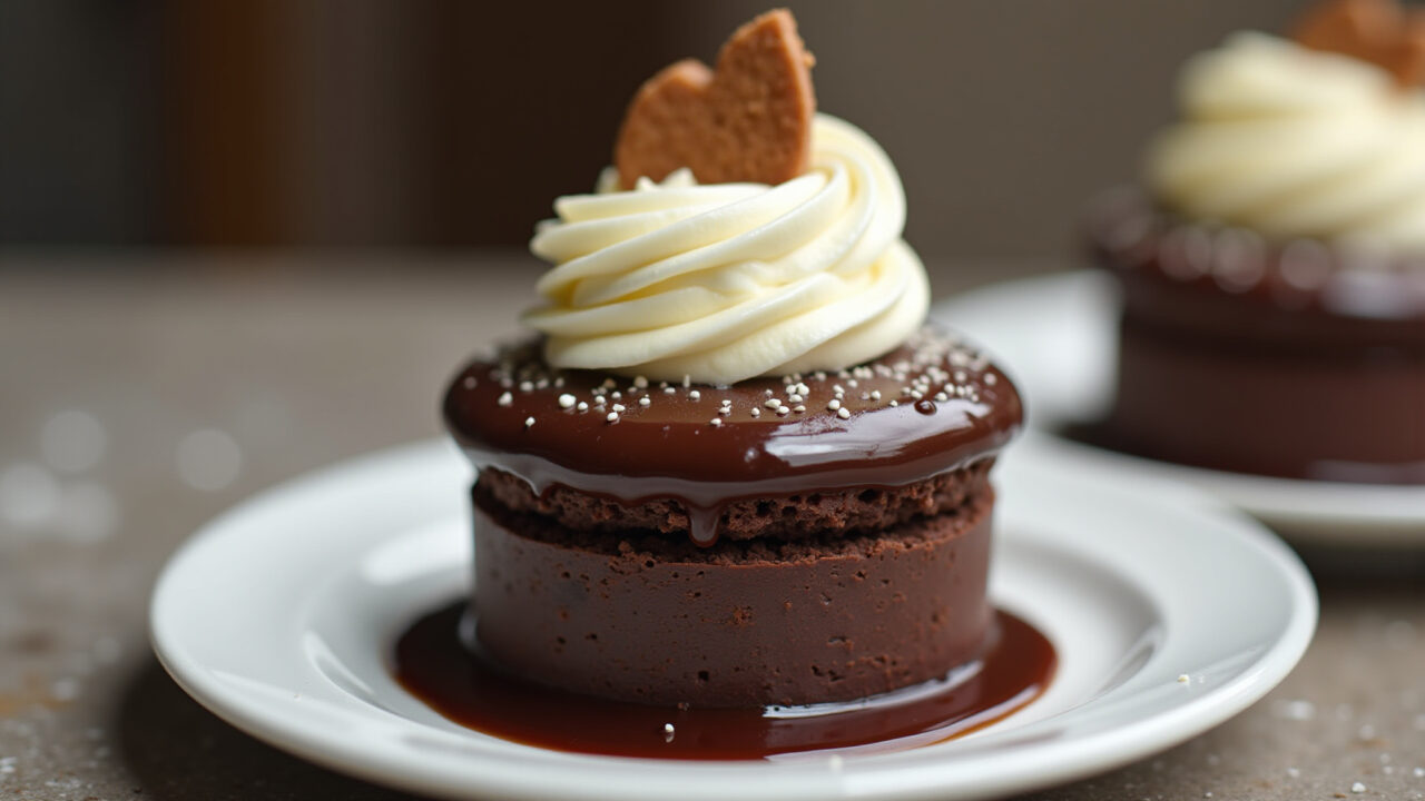 Petit gateau de chocolate com calda quente no microondas.