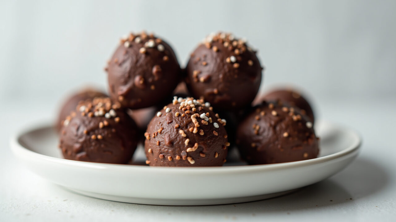 Chocolate whey protein brigadeiro with zero sugar sprinkles, served on a plate, studio lighting, Brigadeiro de whey de chocolate com granulado zero açúcar.