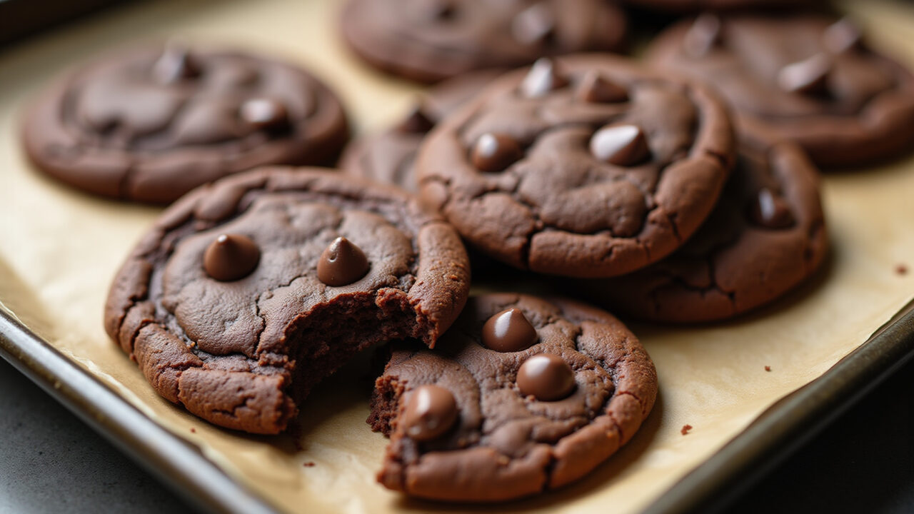Chocolate whey protein cookies with chocolate chips, served on a baking sheet, natural lighting, Cookies de whey de chocolate com gotas de chocolate.
