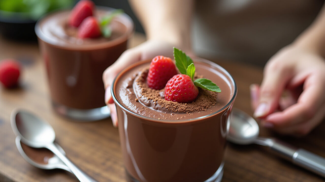 Chocolate whey protein mousse preparation, close-up, professional photography, 8K quality, natural Mousse de chocolate com whey protein sendo preparado.