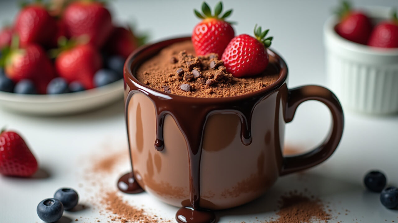 Chocolate whey protein mug cake, served in a mug with fruits and zero sugar chocolate syrup, Bolo de caneca de whey de chocolate.