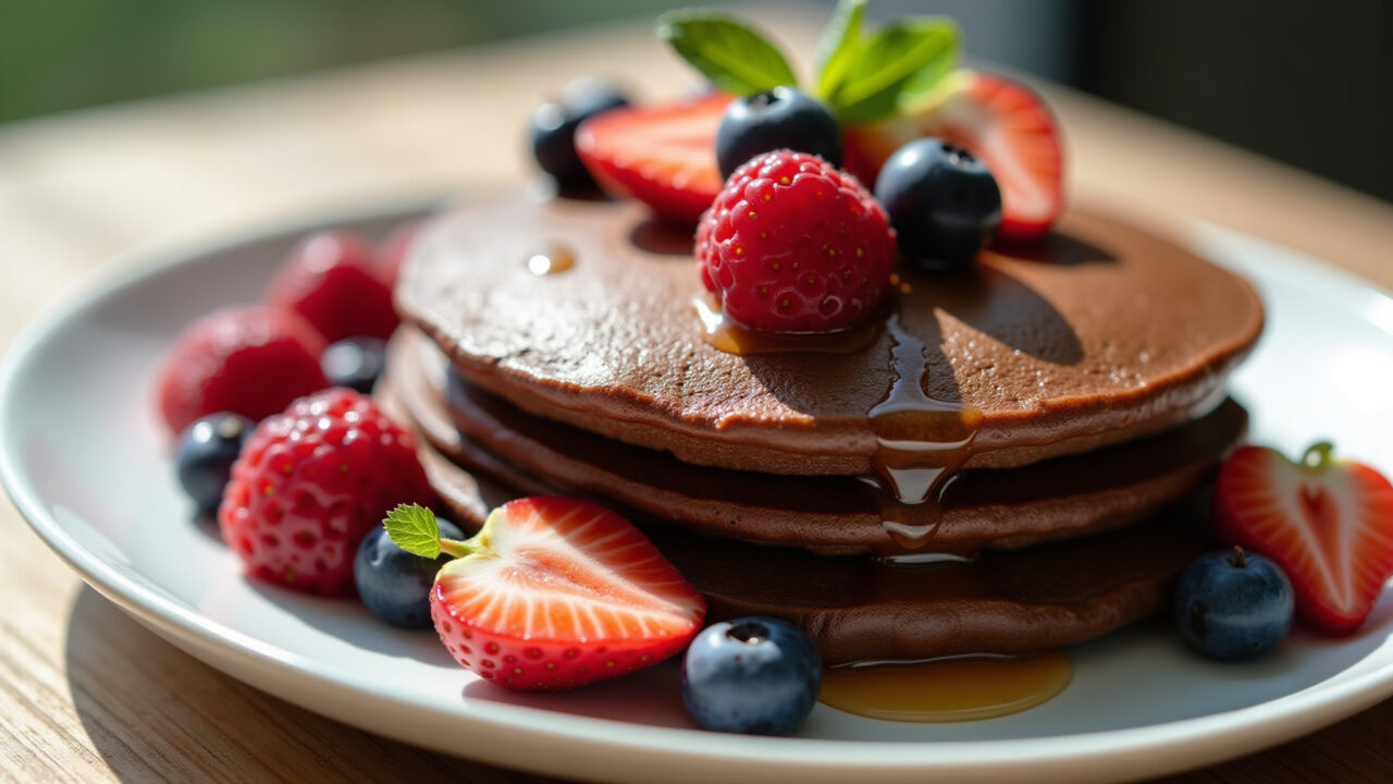 Chocolate whey protein pancake with fresh fruits and honey, served on a plate, natural lighting, Panqueca de whey de chocolate com frutas e mel.