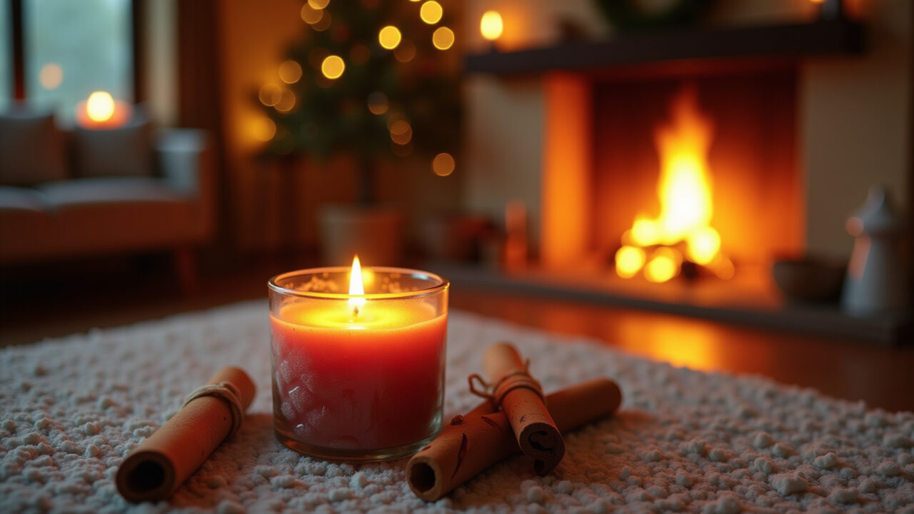 Cinnamon candle, winter scene, cozy fireplace, warm colors, inviting Brazilian home, lifestyle Vela de canela para calor no inverno.
