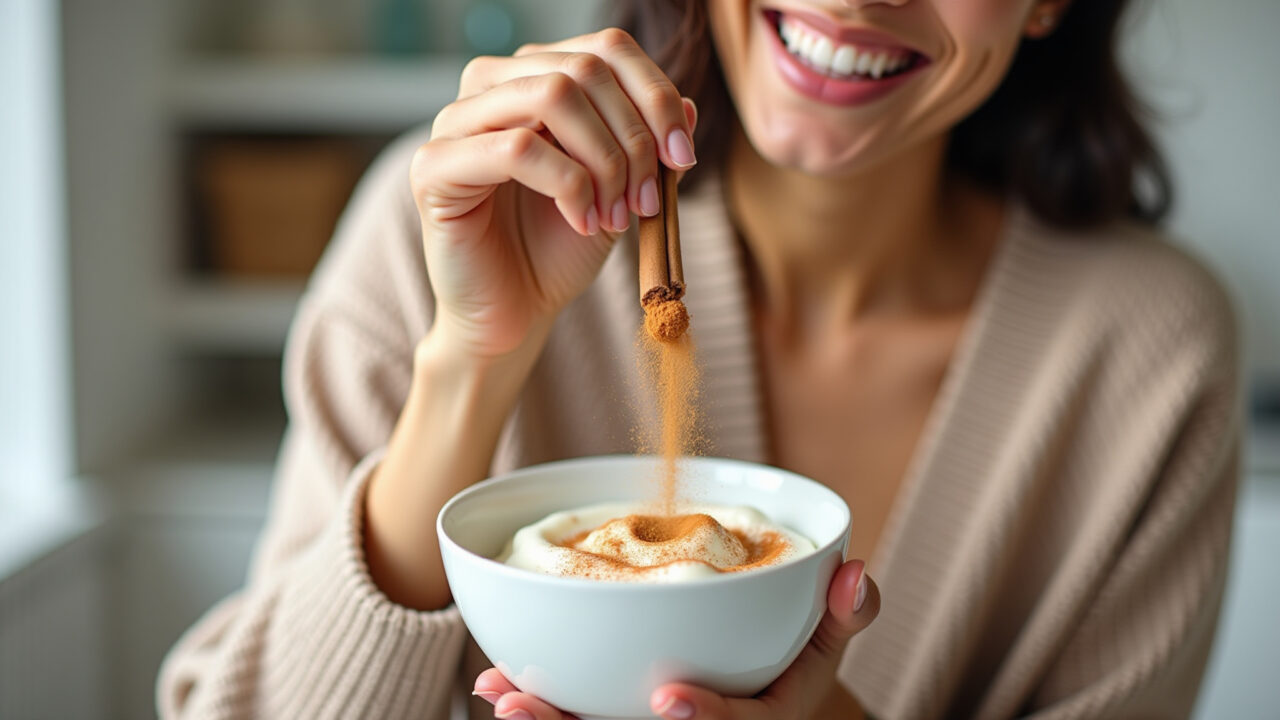 Cinnamon powder sprinkled on yogurt, Brazilian woman in her 20s enjoying a healthy breakfast, Canela em pó polvilhada no iogurte.