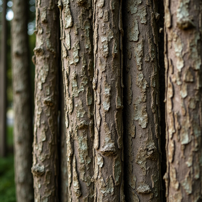 Close de diferentes tipos de cascas de árvores, destacando suas texturas e energias.