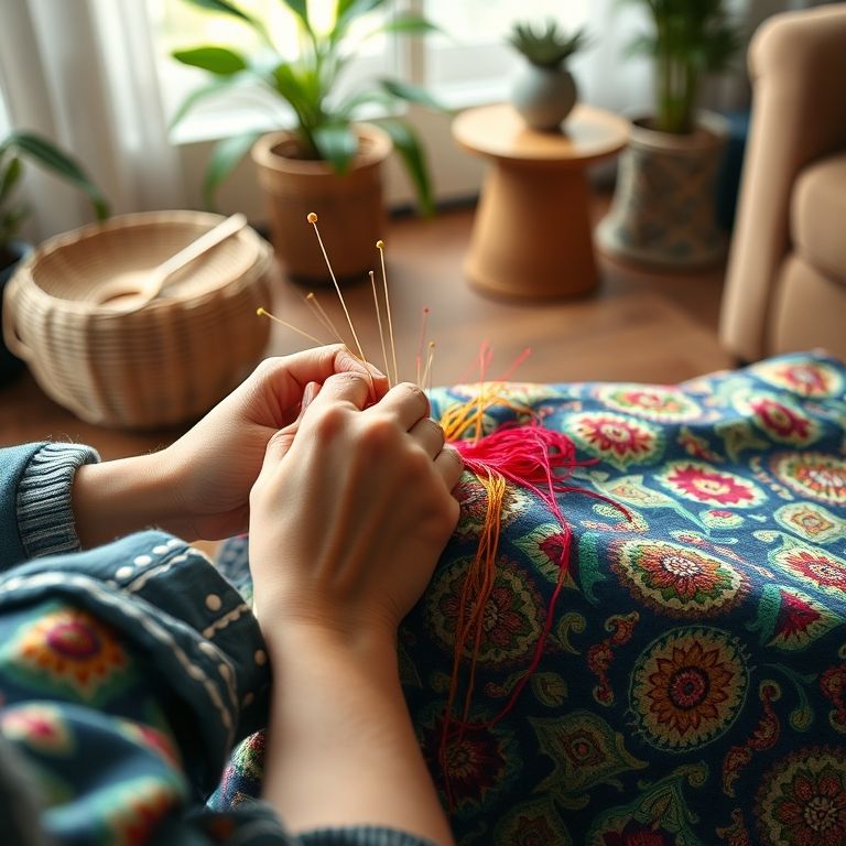 Close de mãos fazendo quilting à mão em tecido colorido em um ambiente aconchegante.