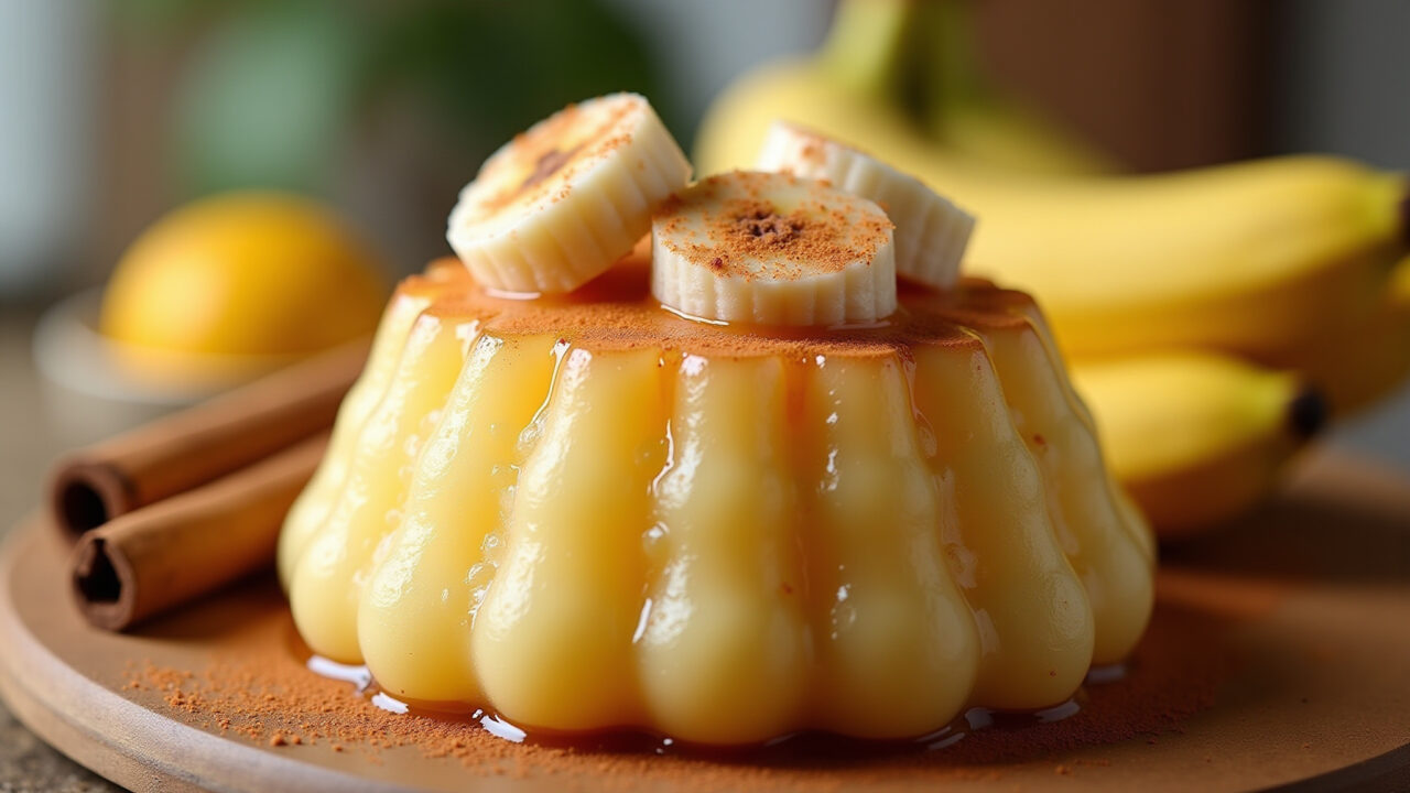 Close-up, 8K quality, hyper-realistic photography of tapioca doce with banana, cinnamon, and honey, Tapioca doce com banana, canela e mel, sobremesa rápida.