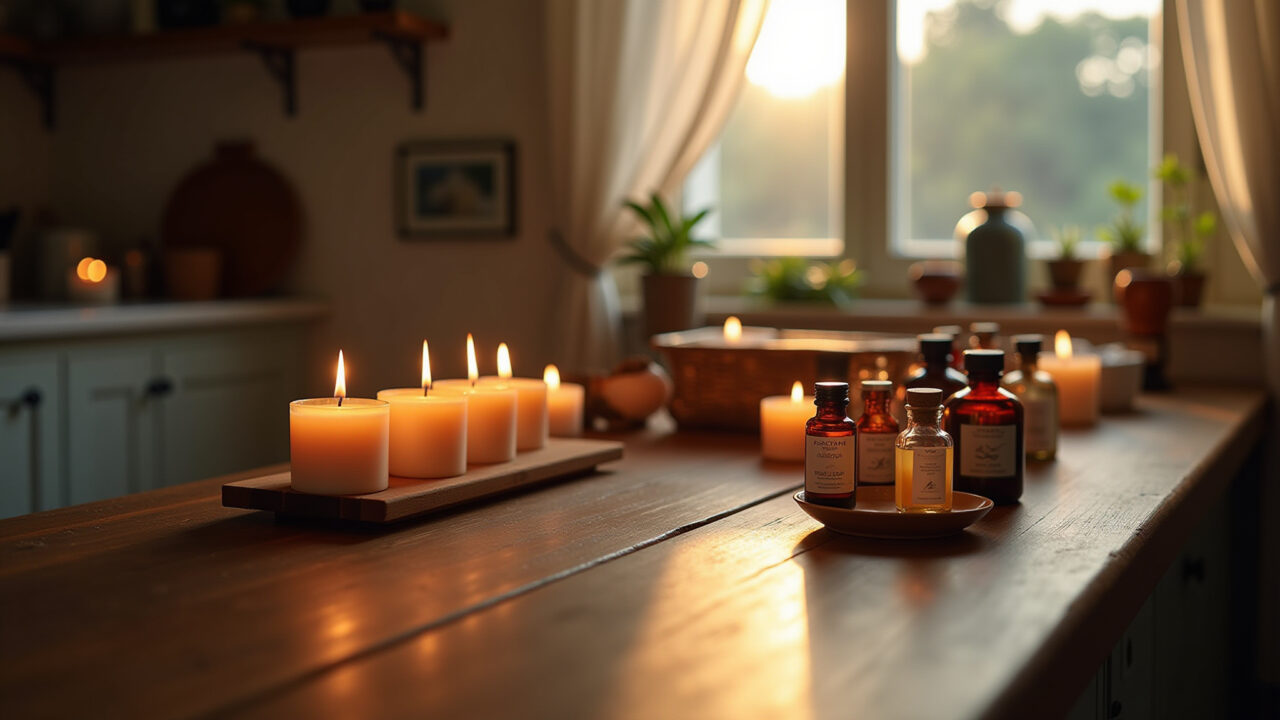 Close-up, aromatic candle making, natural light, various essence bottles, wax melting, cozy Preparando velas aromáticas com essências naturais.