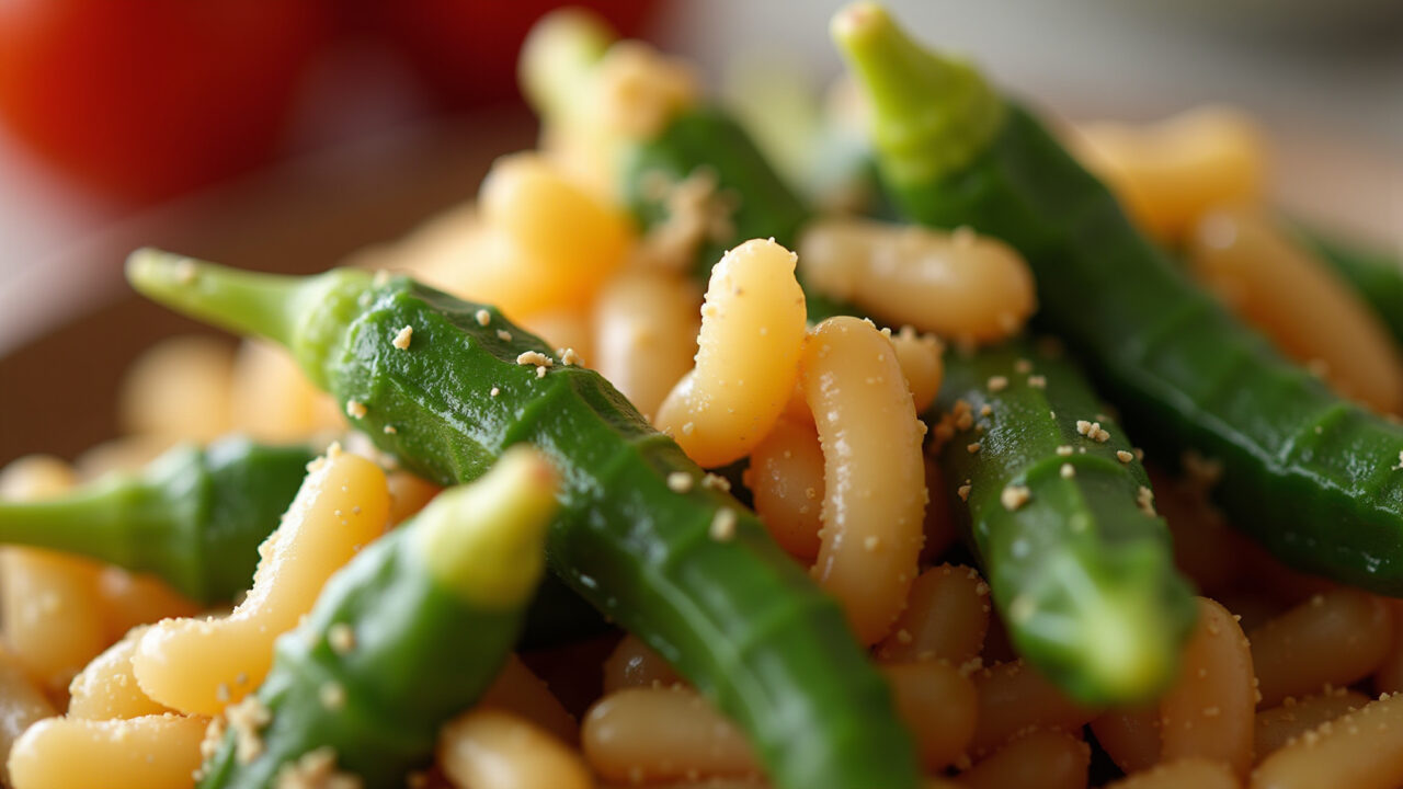 Close-up, creamy okra in 'Frango com Quiabo', vibrant colors, farm-to-table aesthetic, natural Detalhe do quiabo cremoso no Frango com Quiabo.