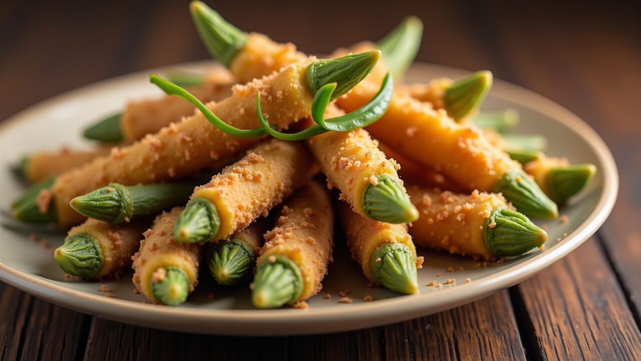 Close-up, crispy fried okra, golden brown, rustic wooden table, natural light, shallow depth of Quiabo frito crocante em close-up.