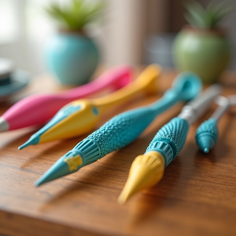 Close-up das agulhas de crochê Clover Amour com design ergonômico e cabos coloridos.