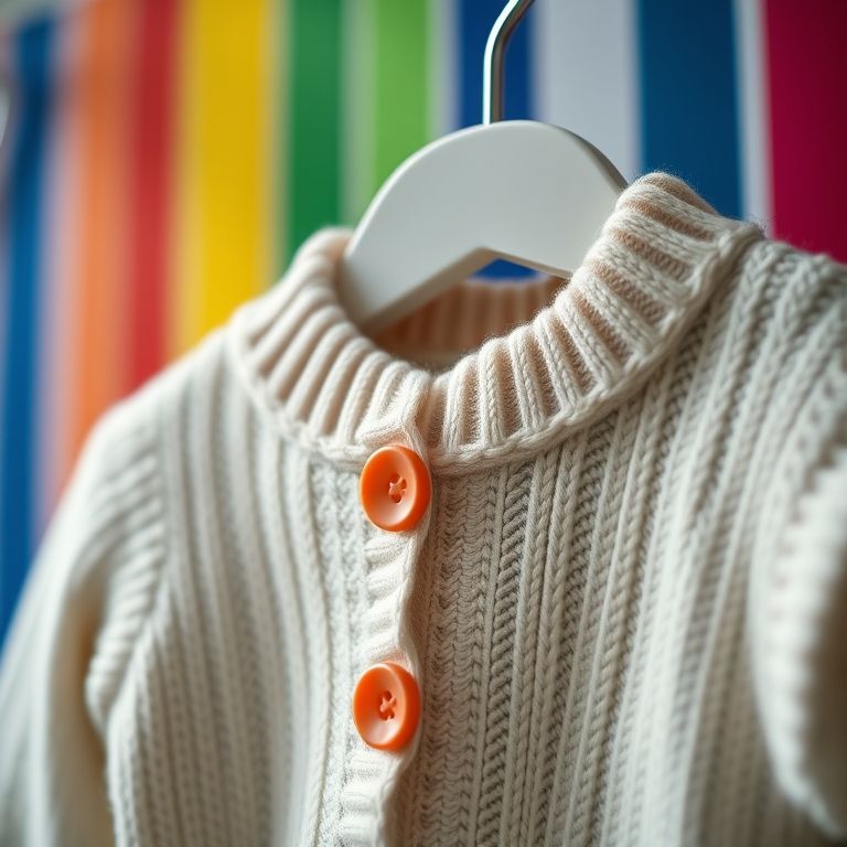 Close-up de um casaquinho cardigan de bebê com botões em um cabide.