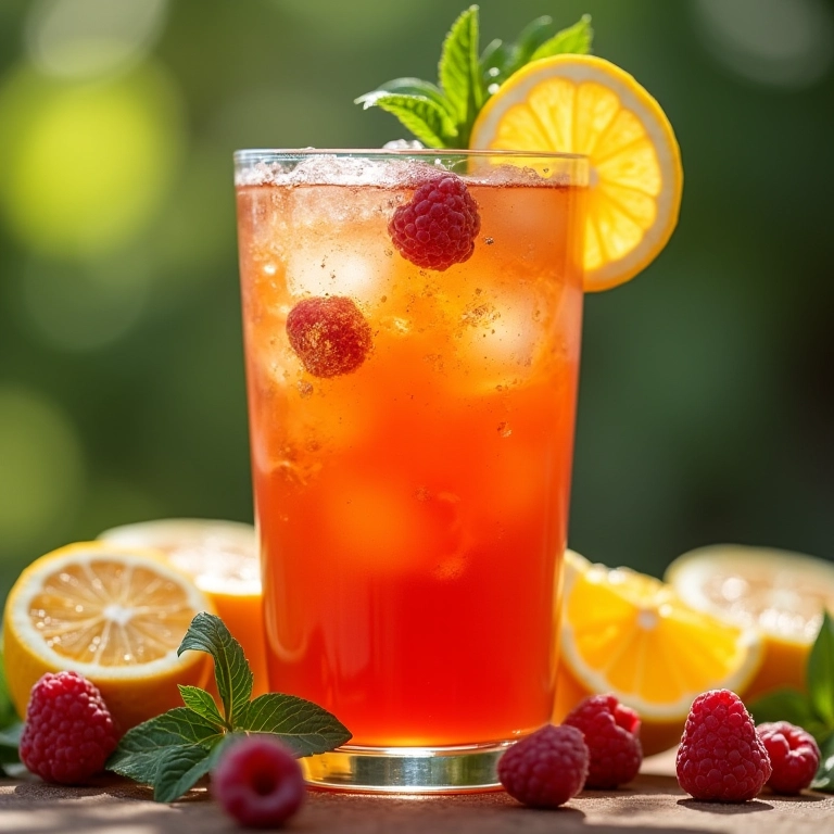 Close-up de um copo de kombucha refrescante com frutas e ervas.
