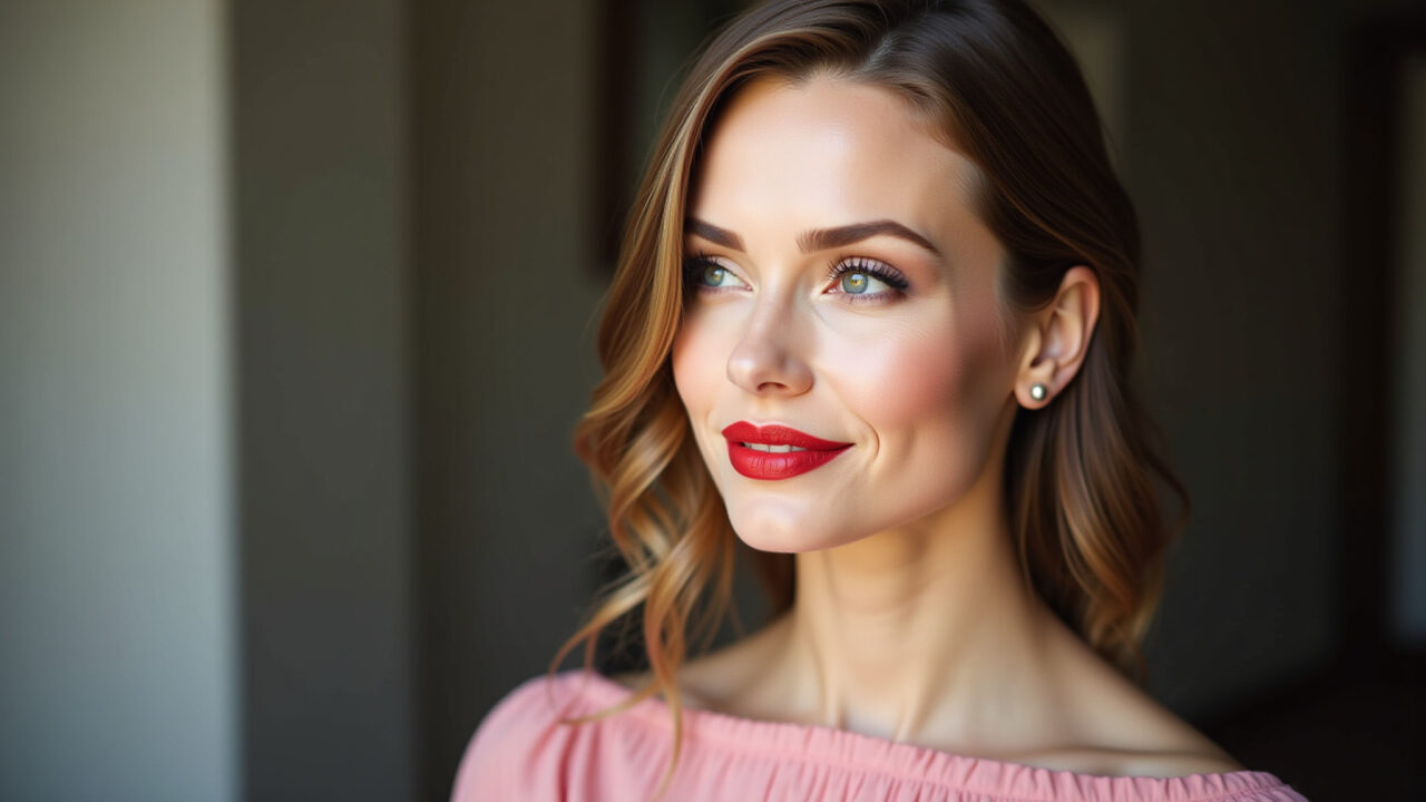 Maquiagem neutra com batom vermelho para vestido rosa.