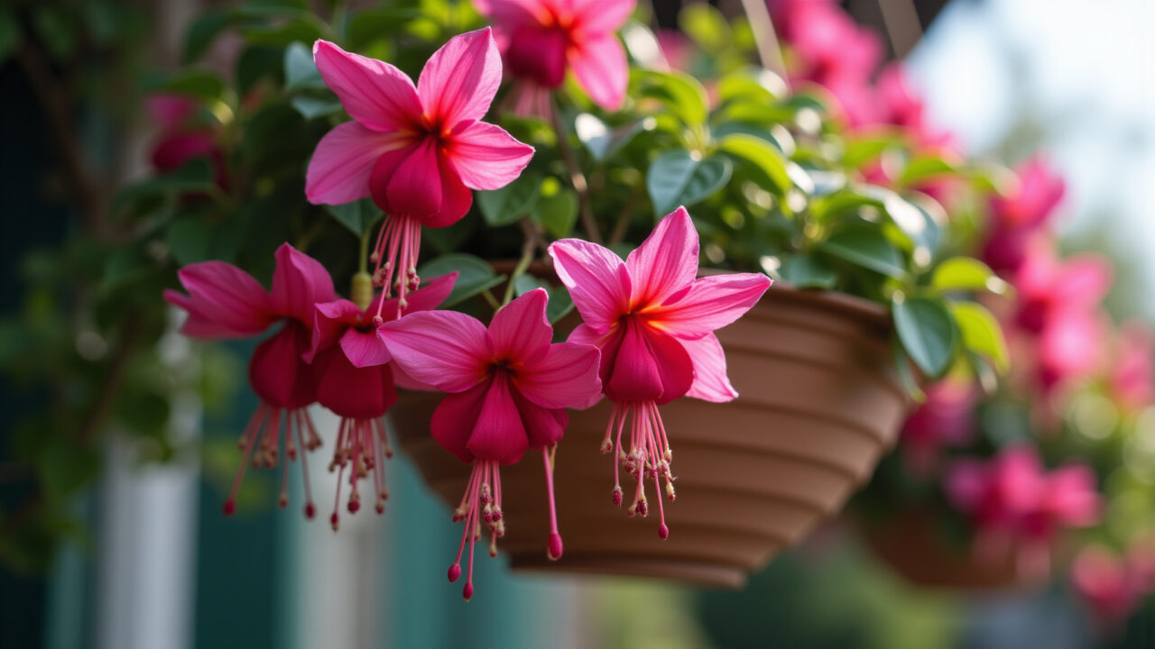 Close-up, fuchsia 'brinco de princesa' flowers cascading from a hanging basket, natural light, 8k, Flor brinco de princesa pendente em vaso