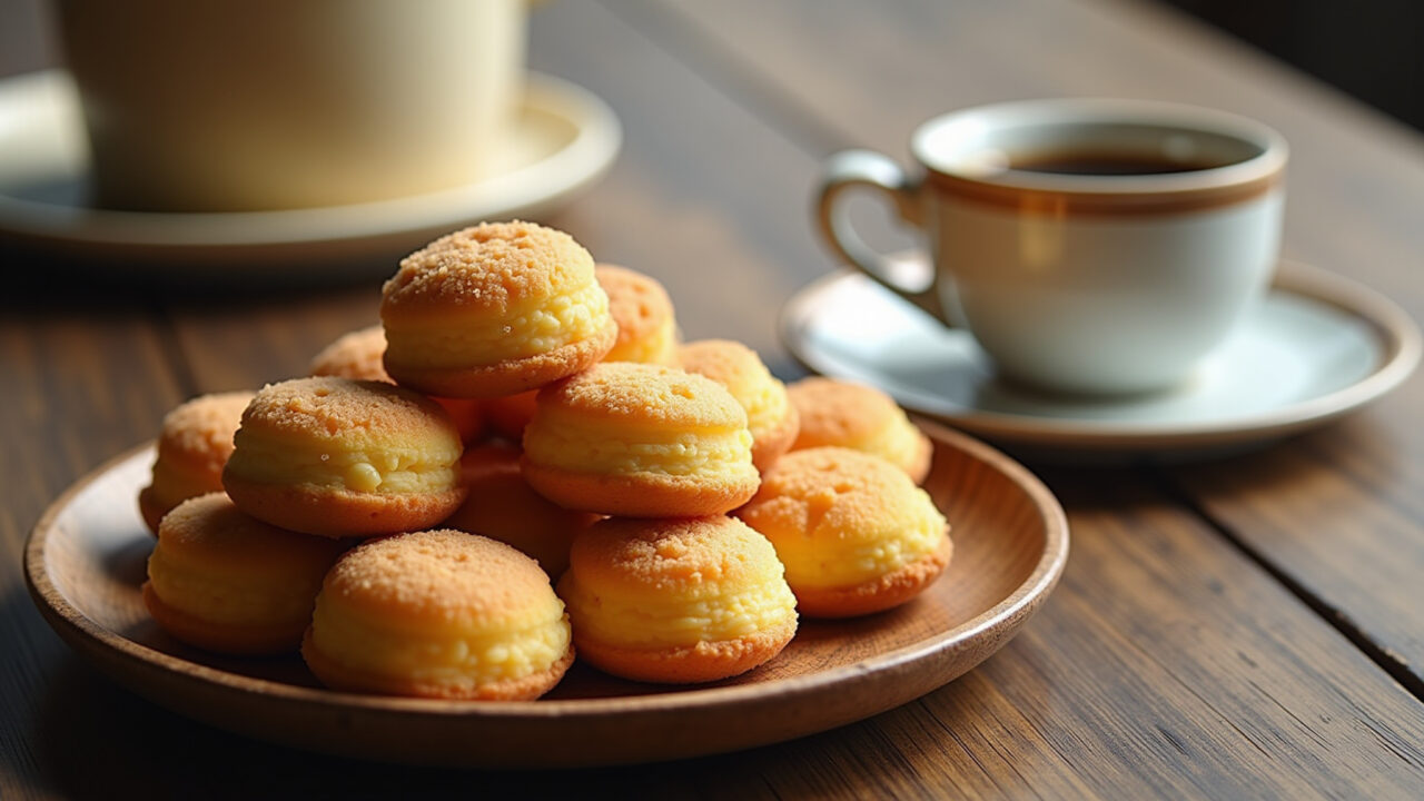 Close-up, golden biscoitos de polvilho doce, rustic wooden plate, cup of coffee, window light, 8k, Biscoitos de polvilho doce assados, crocantes e deliciosos.