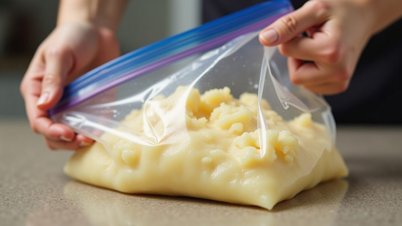Close-up, hands sealing a ziplock bag filled with mashed potatoes. Focus on airtight seal. 8K, Embalando purê de batata em ziplock.