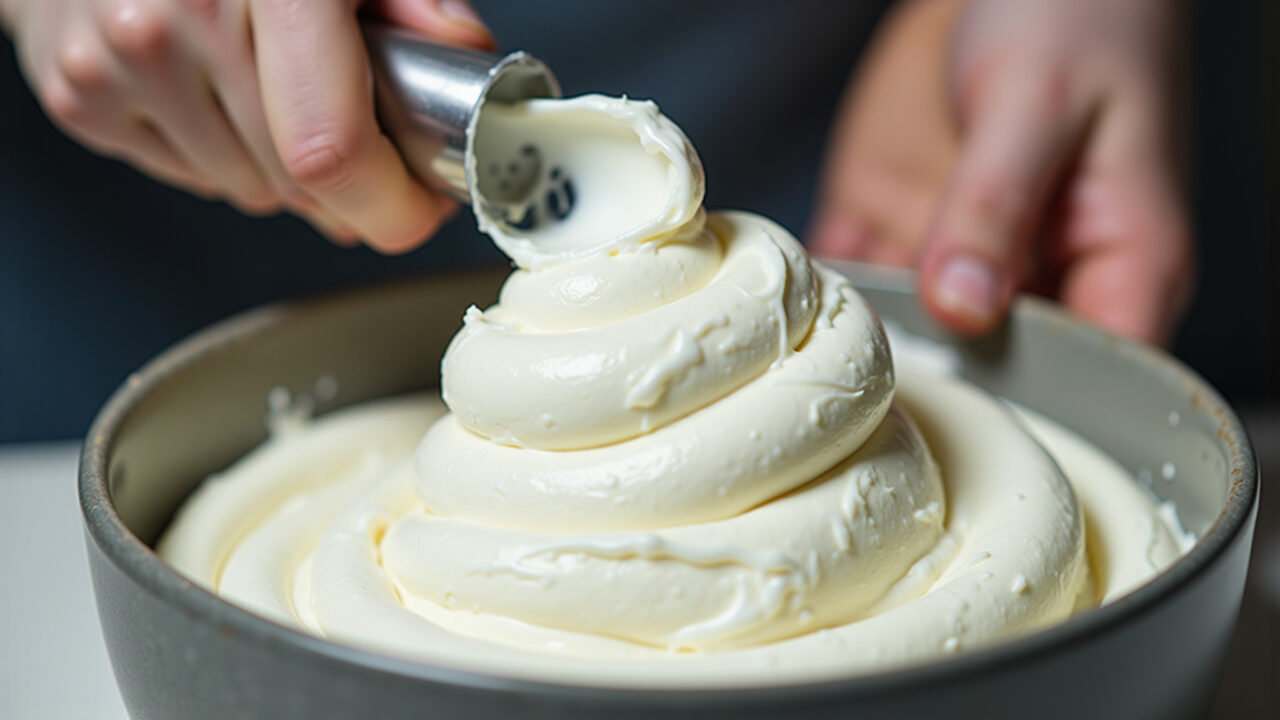 Close-up of a baker hydrating dry whipped cream with fresh cream, restoring its creamy texture. Hidratando chantilly ressecado