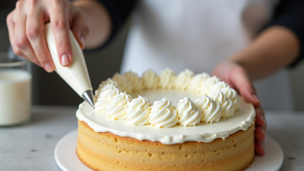 Close-up of a baker's hands decorating a cake with perfectly piped whipped cream, using a pastry Mãos decorando bolo com chantilly