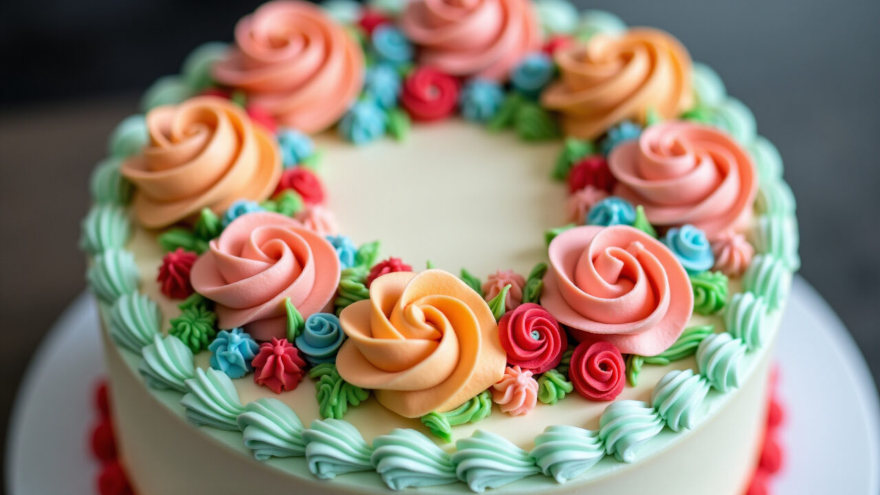 Bolo decorado com buttercream e detalhes vibrantes