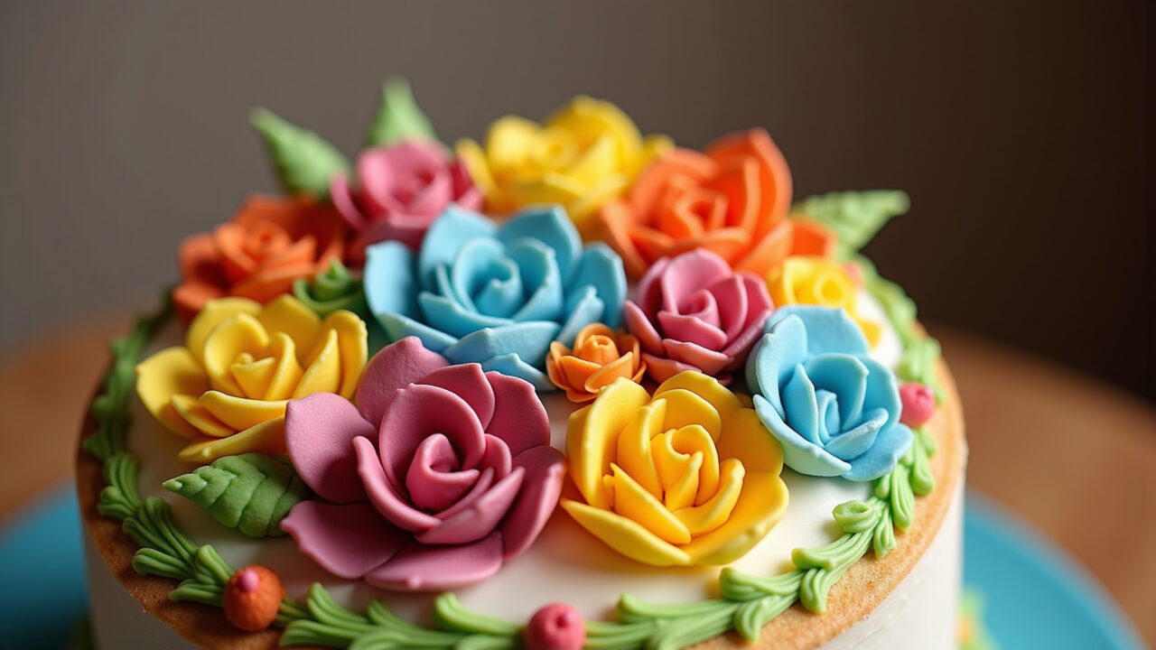 Close-up of a beautifully decorated cake with vibrant colors and intricate details, professional Bolo decorado com detalhes vibrantes e intrincados.