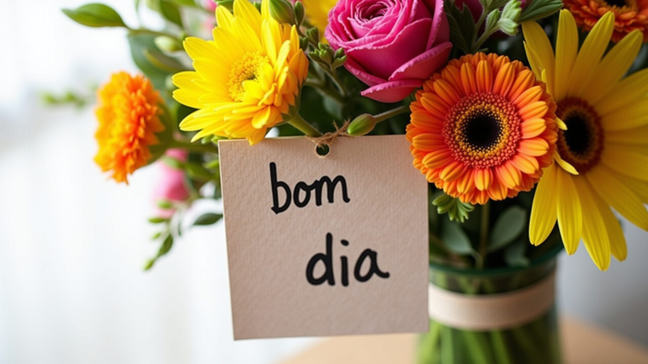 Close-up of a bouquet of colorful Brazilian flowers with a handwritten 'bom dia' note attached. Flores coloridas com mensagem de bom dia.
