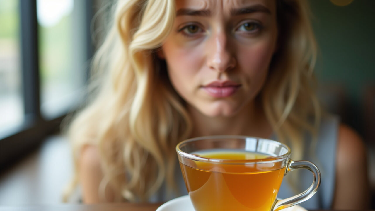 Close-up of a cup of mango leaf tea, with a concerned expression in the background, natural light, Efeitos colaterais do chá de folha de manga.