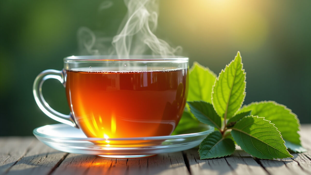 Close-up of a cup of mulberry leaf tea with steam rising, next to fresh mulberry leaves, natural Xícara de chá de folha de amora fumegante.
