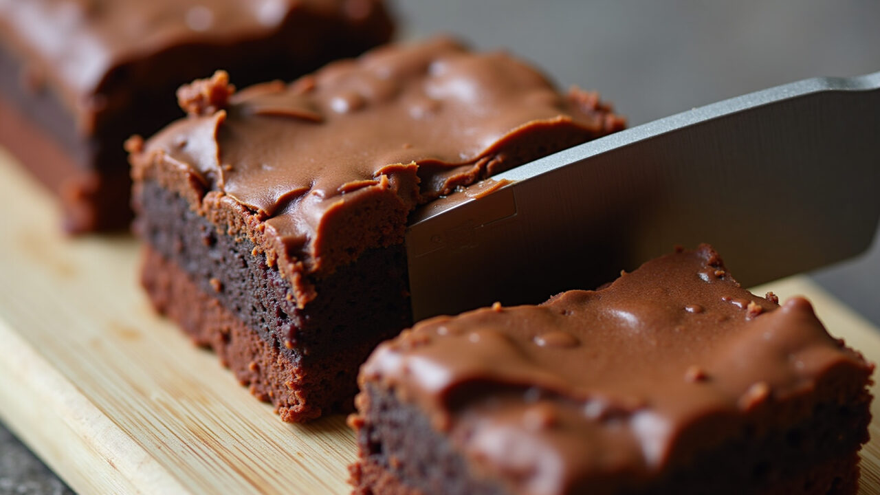 Close-up of a delicious Nutella brownie being sliced, showcasing its gooey center. Professional Brownie de Nutella cremoso sendo cortado.