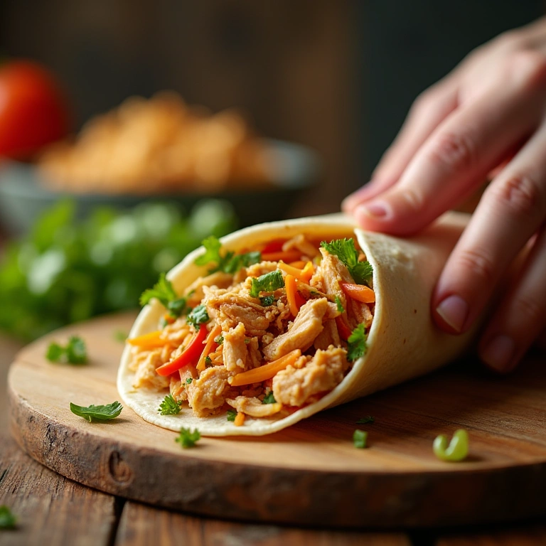 Close-up of a diverse hand wrapping a shredded chicken wrap with colorful vegetables on a wooden Wrap de frango desfiado com legumes crocantes, opção prática para dieta.