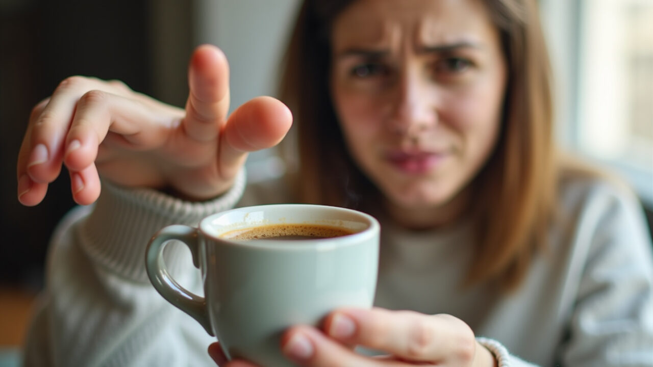 Close-up of a hand reaching for a cup of coffee, but with a stressed expression. Natural lighting, Mão tensa alcançando café, representando ansiedade.
