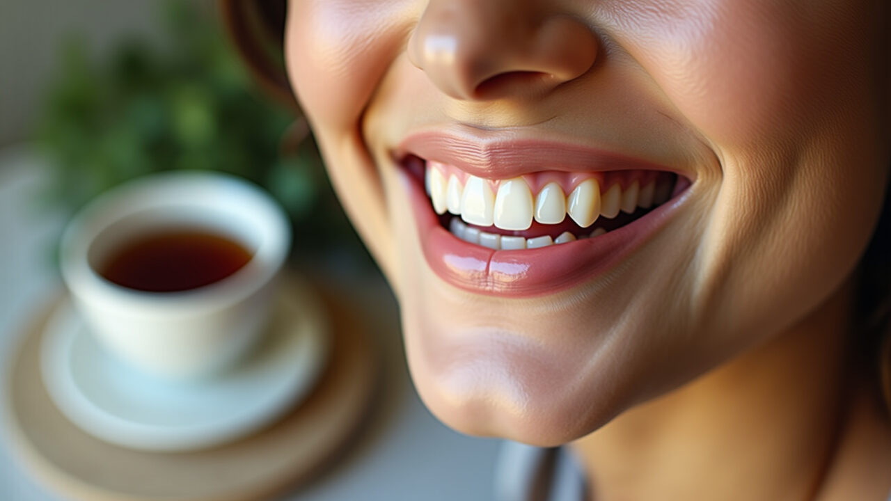 Close-up of a healthy smile, cup of mulberry leaf tea nearby, dental care, natural lighting, oral Sorriso saudável com chá de amora.