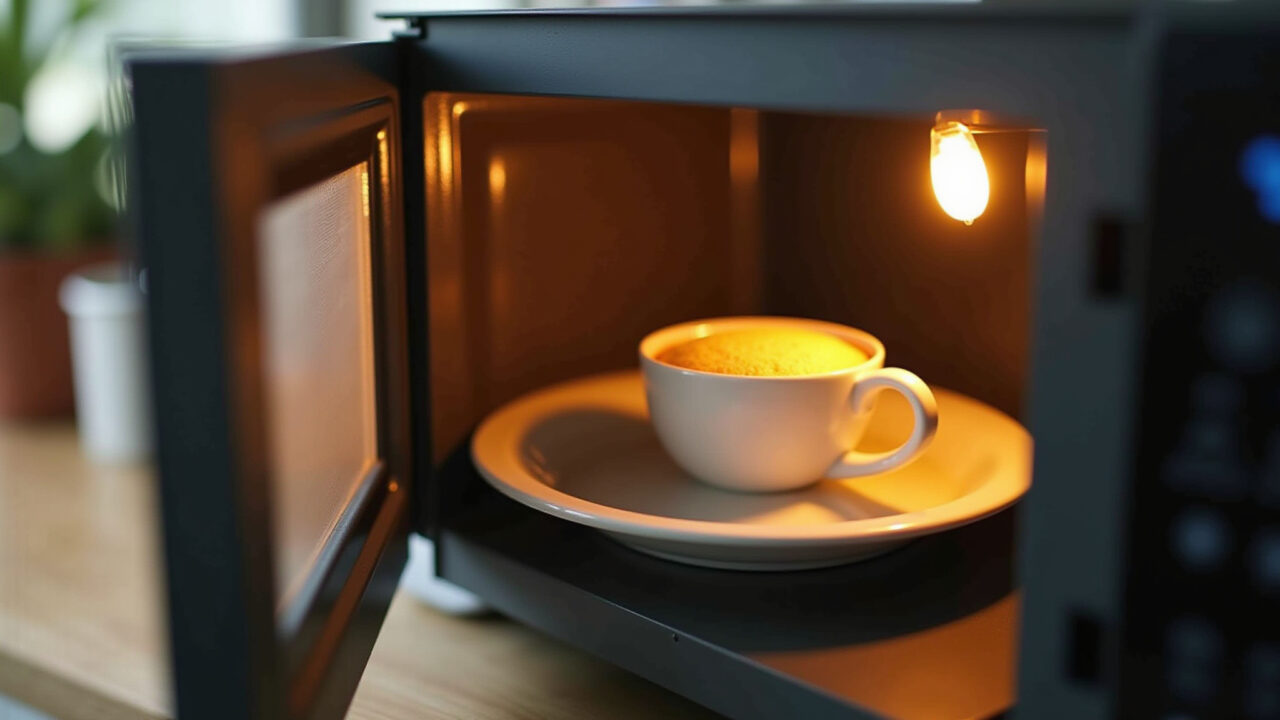 Close-up of a mug cake being made in a microwave, warm light, kitchen setting, simple ingredients, Bolo de caneca rápido e fácil com farinha de trigo.