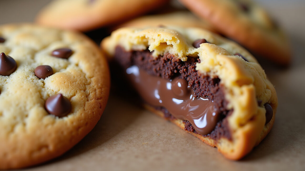 Close-up of a Nutella cookie, crispy on the outside and soft on the inside, with melting chocolate Cookie de Nutella crocante por fora e macio por dentro.