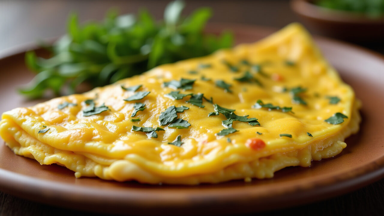 Close-up of a perfectly cooked simple omelette with melted cheese and fresh herbs, served on a Omelete simples com queijo e ervas frescas.