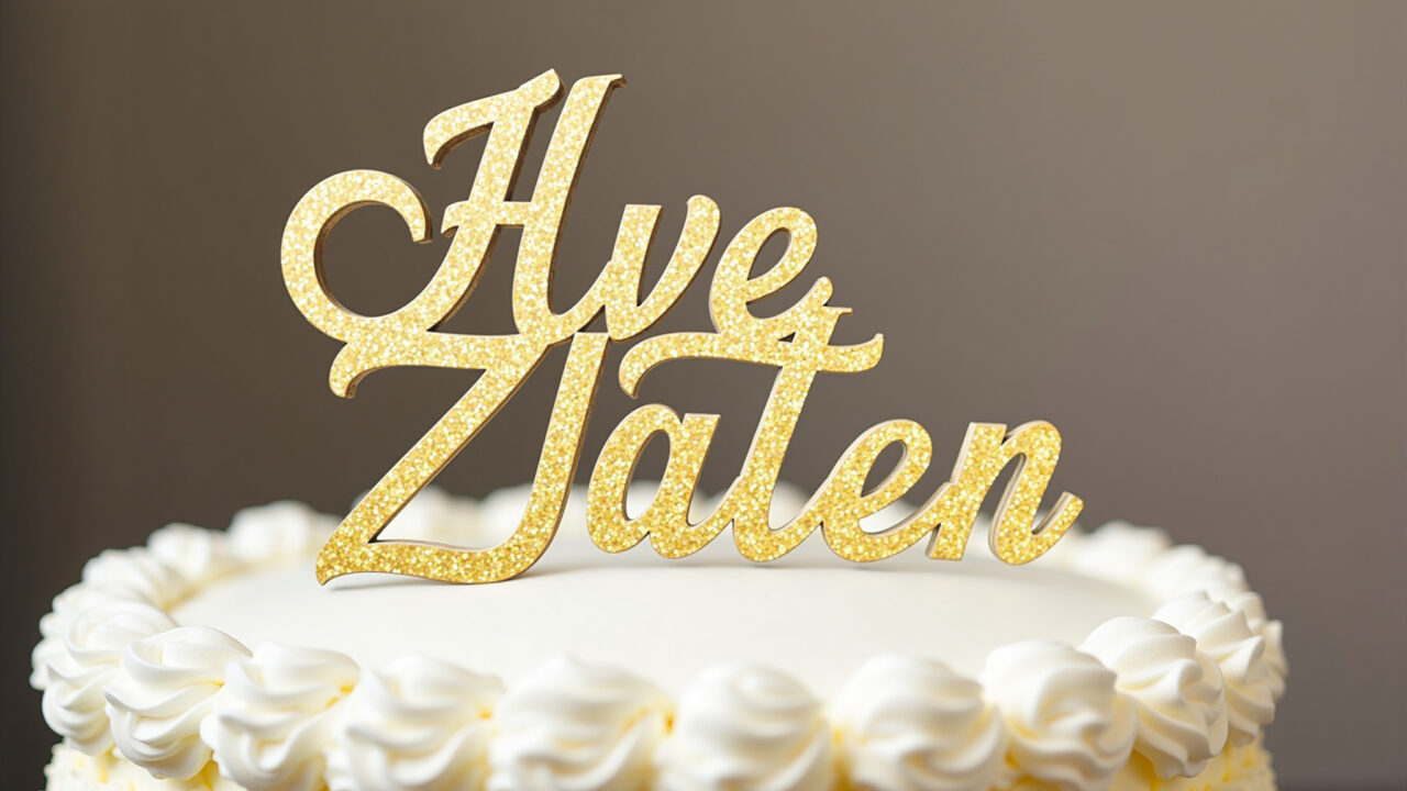 Close-up of a personalized cake topper with a name in glitter, age in a fun style, on a beautifully Topper de bolo personalizado com nome e idade em glitter.