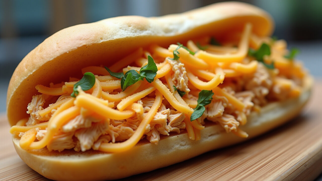 Close-up of a sandwich filled with shredded chicken and Catupiry cheese, Brazilian bread, vibrant Sanduíche de frango desfiado com Catupiry.