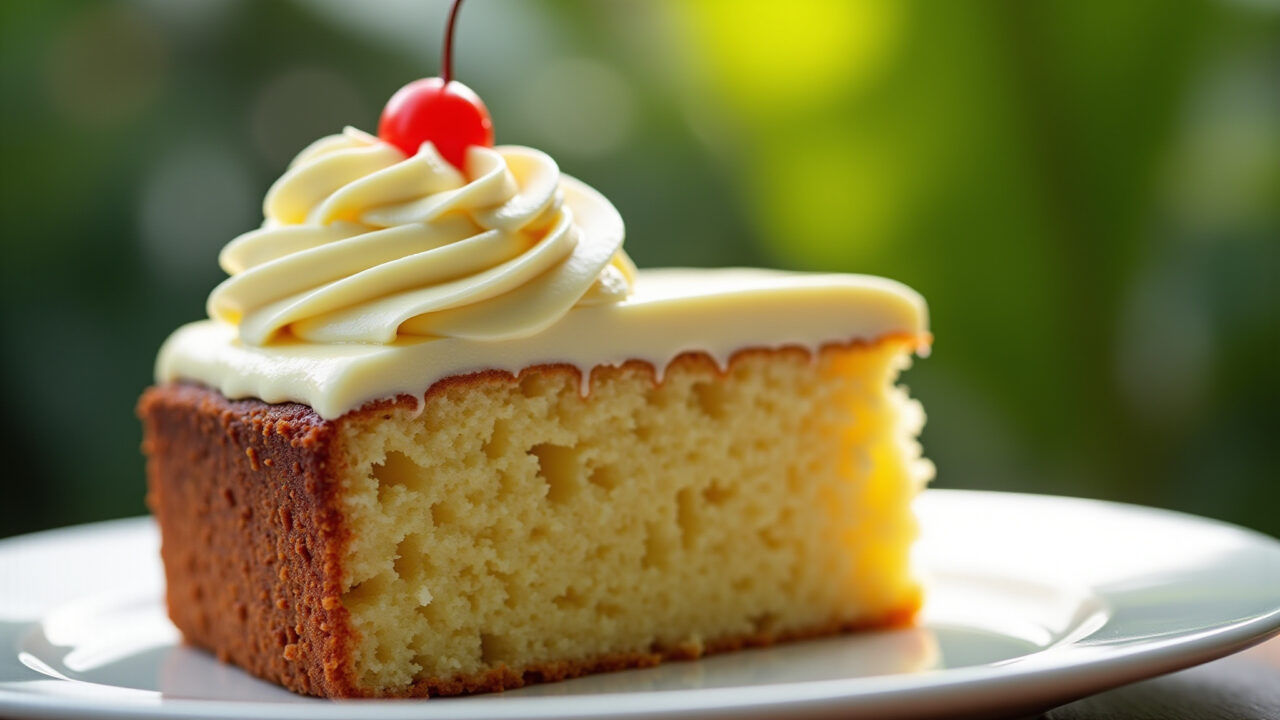 Close-up of a slice of cake with chantininho frosting, resisting high temperatures outdoors. Bolo com chantininho resistindo ao calor.